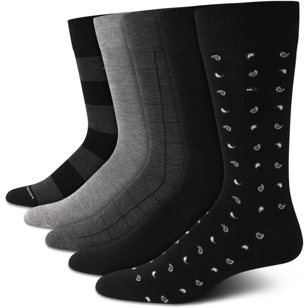 imageTommy Hilfiger Mens Dress Socks  5 Pack Lightweight Patterned Everyday Long Work Socks for Men for Casual amp Formal WearBlack Grey Assorted