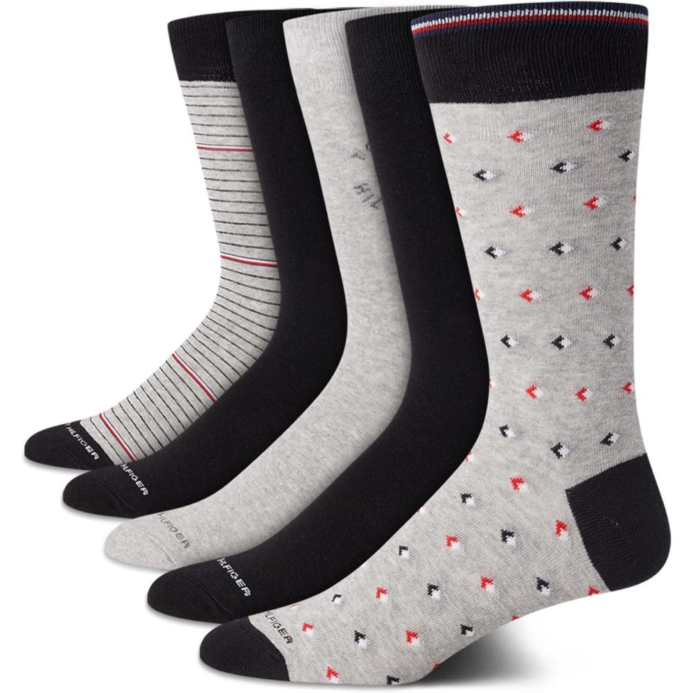 imageTommy Hilfiger Mens Dress Socks 5 Pack Lightweight Patterned Everyday Long Work Socks for Men for Casual amp Formal WearGreyBlack