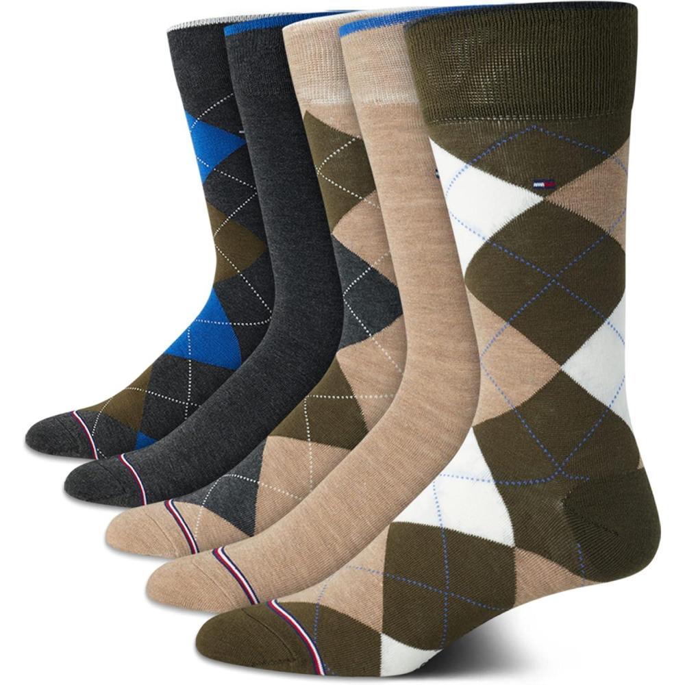imageTommy Hilfiger Mens Dress Socks 5 Pack Lightweight Patterned Everyday Long Work Socks for Men for Casual amp Formal WearKhaki Argyle
