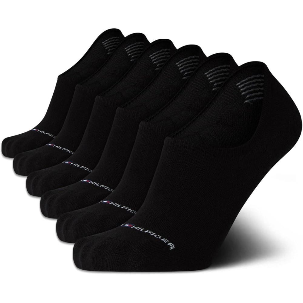 imageTommy Hilfiger Mens No Show Socks 6 Pack Cotton Blend Stretch Soft Cushioned Casual Athletic Sports Liners Low Cut SocksAll Black