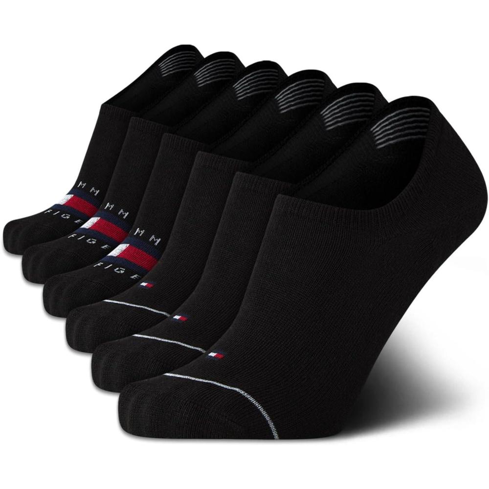 imageTommy Hilfiger Mens No Show Socks  6 Pack Cotton Blend Stretch Soft Cushioned Casual Athletic Sports Liners Low Cut SocksBlack Logo
