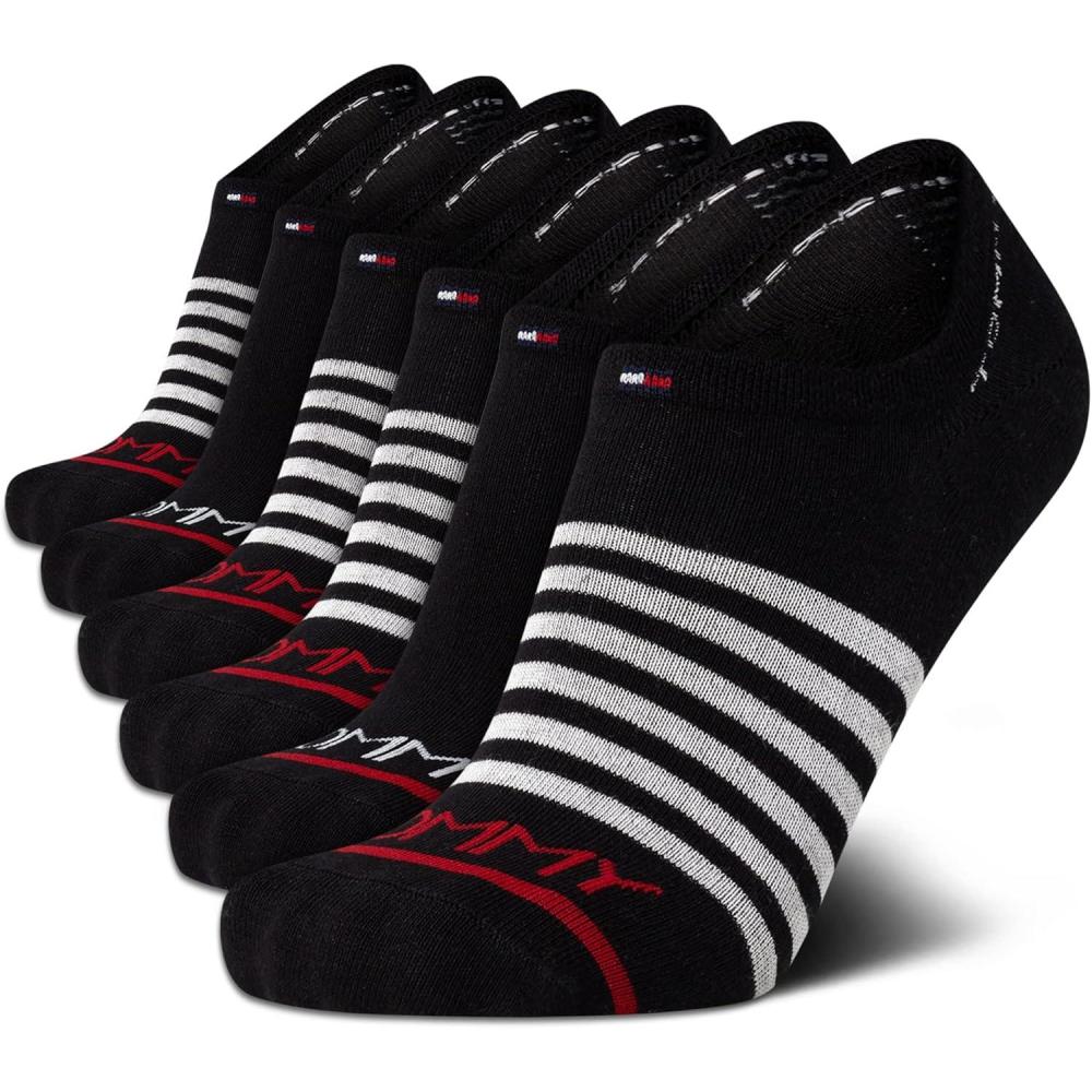 imageTommy Hilfiger Mens No Show Socks 6 Pack Cotton Blend Stretch Soft Cushioned Casual Athletic Sports Liners Low Cut SocksBlack Stripe
