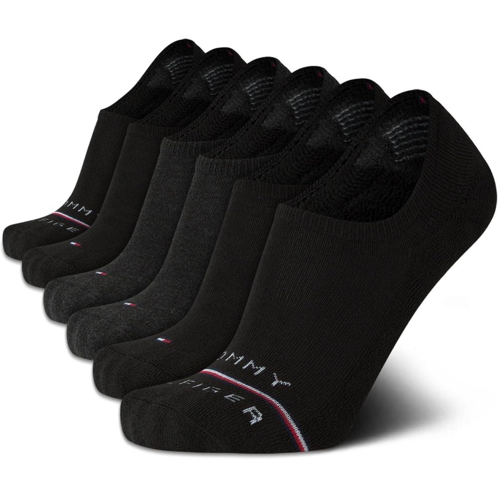 imageTommy Hilfiger Mens No Show Socks 6 Pack Cotton Blend Stretch Soft Cushioned Casual Athletic Sports Liners Low Cut SocksBlackGrey