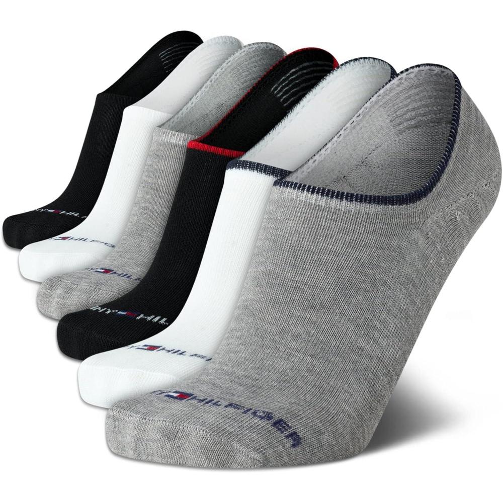 imageTommy Hilfiger Mens No Show Socks 6 Pack Cotton Blend Stretch Soft Cushioned Casual Athletic Sports Liners Low Cut SocksGrey Assorted