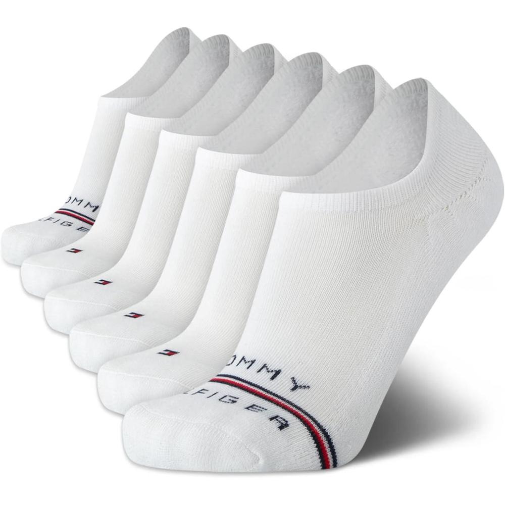 imageTommy Hilfiger Mens No Show Socks 6 Pack Cotton Blend Stretch Soft Cushioned Casual Athletic Sports Liners Low Cut SocksWhite Logo