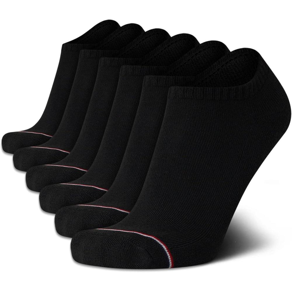 imageTommy Hilfiger Mens No Show Socks  6 Pack Lightweight Performance Stretch Athletic Invisible Shoe Socks Liners for MenBlack Solid