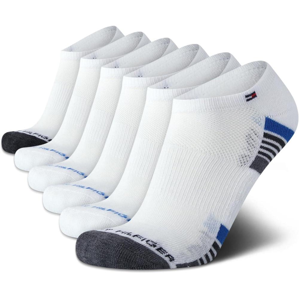 imageTommy Hilfiger Mens No Show Socks 6 Pack Lightweight Performance Stretch Athletic Invisible Shoe Socks Liners for MenWhite Multi
