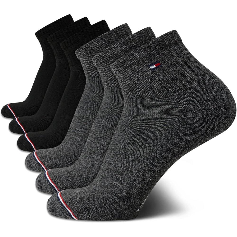 imageTommy Hilfiger Mens Quarter Socks 6 Pack Athletic Performance Stretch Moisture Wicking Cushioned Ankle Socks for MenBlack Dark Grey