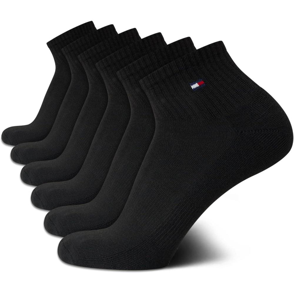 imageTommy Hilfiger Mens Quarter Socks 6 Pack Athletic Performance Stretch Moisture Wicking Cushioned Ankle Socks for MenBlack Multi