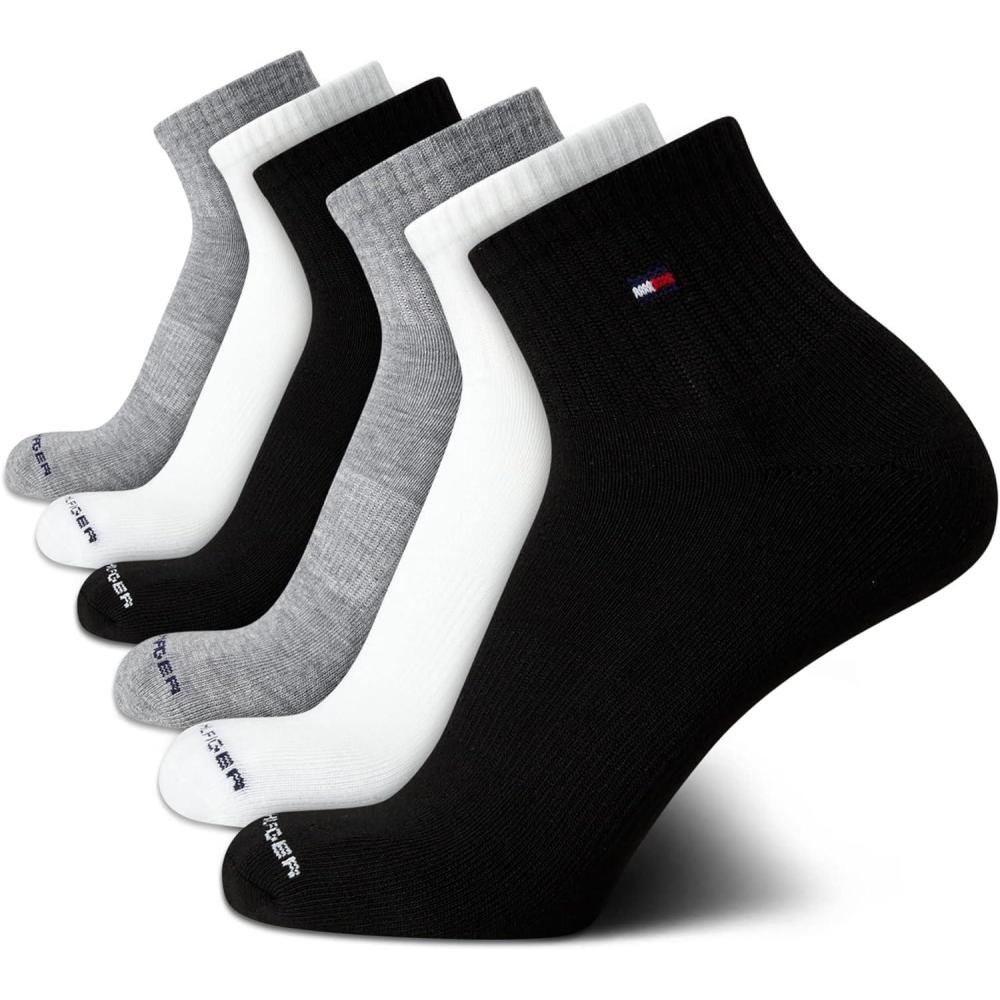 imageTommy Hilfiger Mens Quarter Socks 6 Pack Athletic Performance Stretch Moisture Wicking Cushioned Ankle Socks for MenGrey Assorted