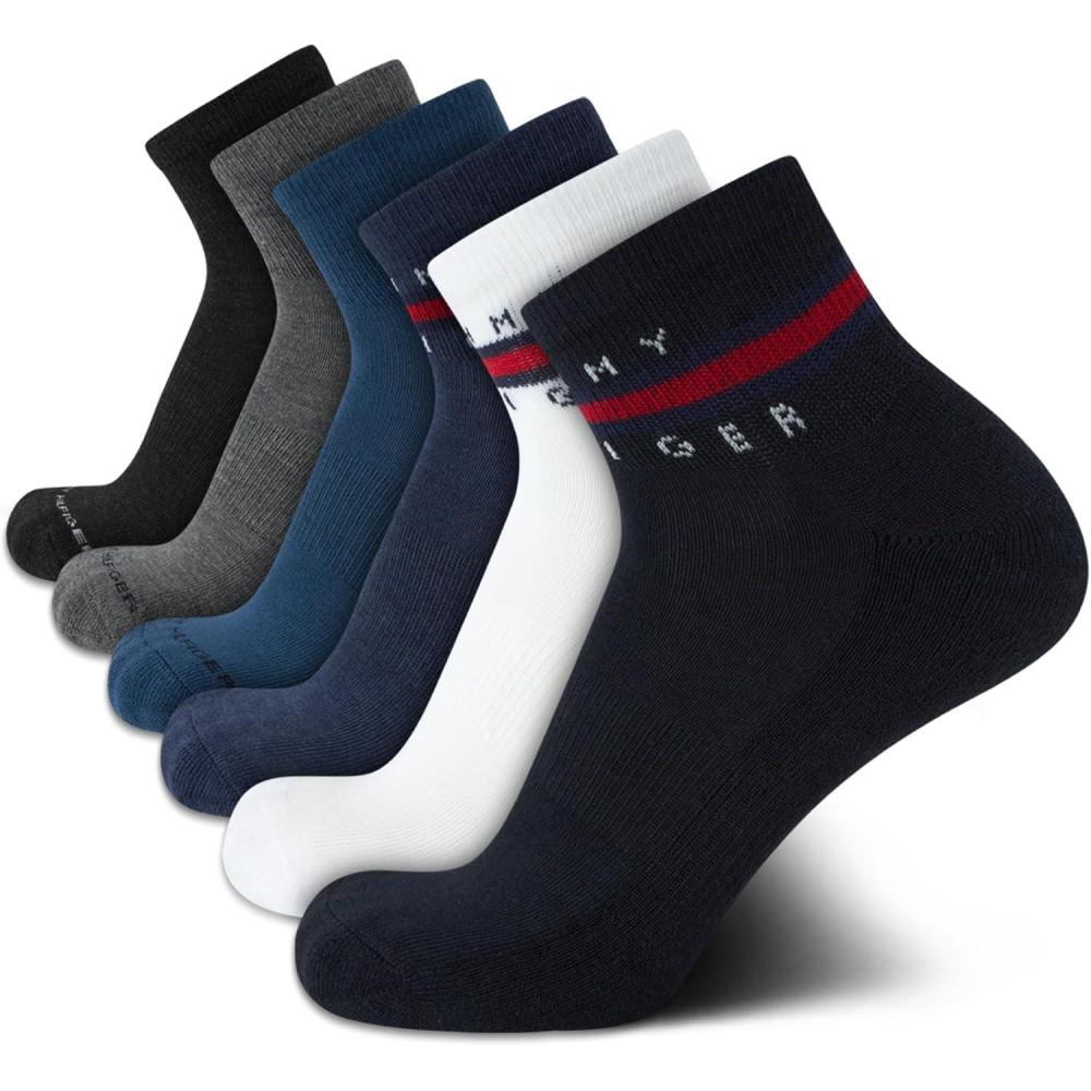imageTommy Hilfiger Mens Quarter Socks 6 Pack Athletic Performance Stretch Moisture Wicking Cushioned Ankle Socks for MenNavy Assorted