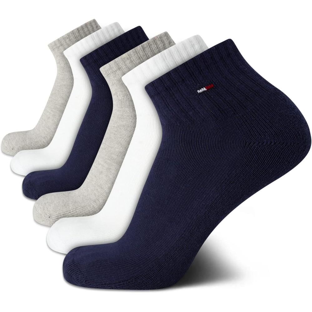 imageTommy Hilfiger Mens Quarter Socks 6 Pack Athletic Performance Stretch Moisture Wicking Cushioned Ankle Socks for MenNavy Multi
