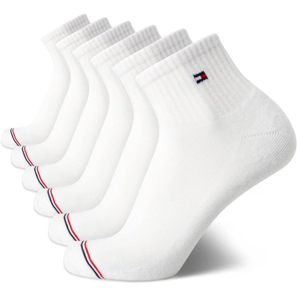 imageTommy Hilfiger Mens Quarter Socks 6 Pack Athletic Performance Stretch Moisture Wicking Cushioned Ankle Socks for MenWhite Stripe