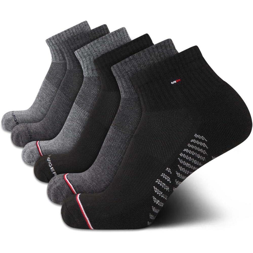 imageTommy Hilfiger Mens Quarter Socks 6 Pack Soft Cushioned Athletic Performance Ankle Socks for Men with Arch SupportBlackGrey Multi