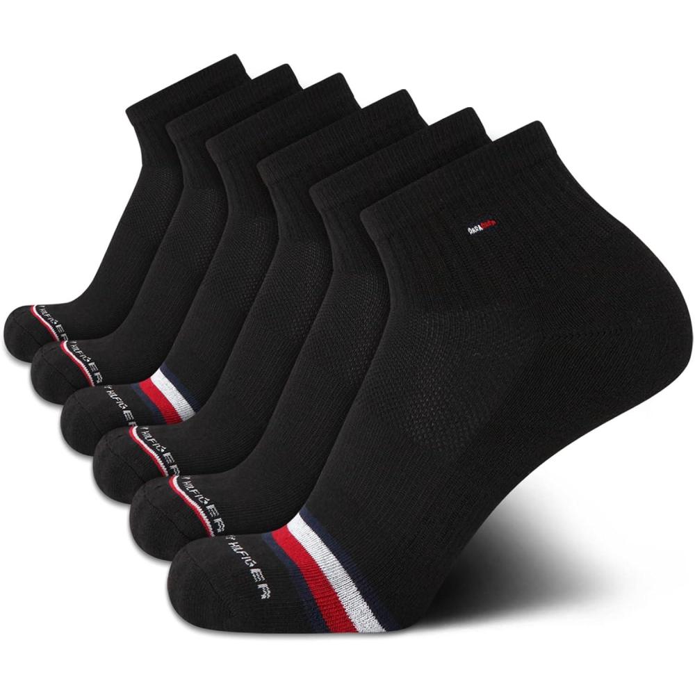 imageTommy Hilfiger Mens Quarter Socks 6 Pack Soft Cushioned Athletic Performance Ankle Socks for Men with Arch SupportCoal Black