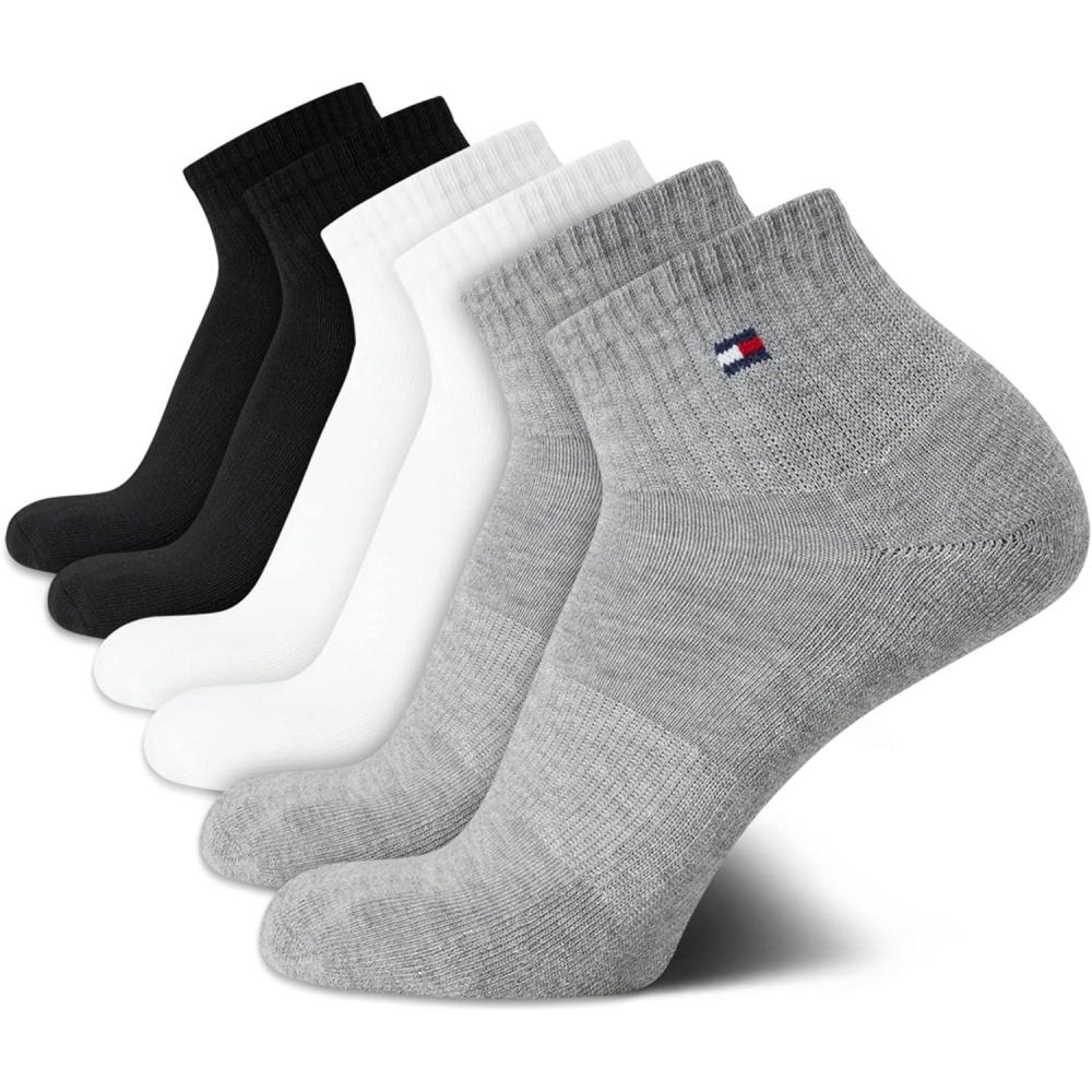 imageTommy Hilfiger Mens Quarter Socks 6 Pack Soft Cushioned Athletic Performance Ankle Socks for Men with Arch SupportGreyWhiteBlack