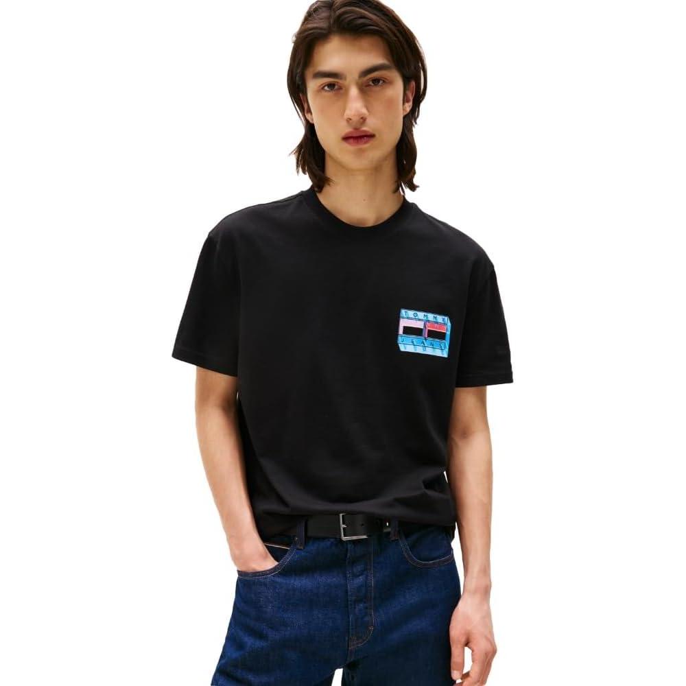 imageTommy Jeans Mens Short Sleeve Cotton TShirts with Blurred Printed Flag GraphicBlack