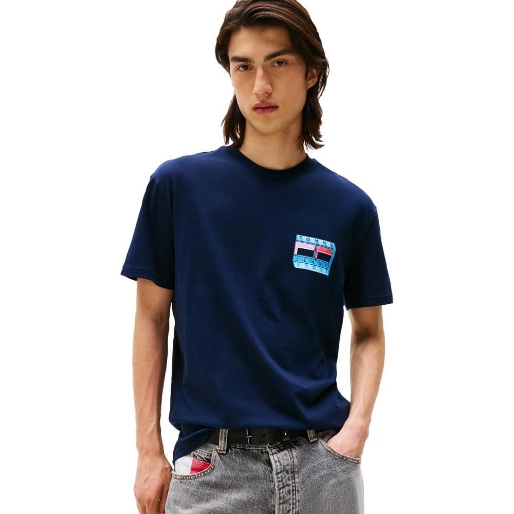 imageTommy Jeans Mens Short Sleeve Cotton TShirts with Blurred Printed Flag GraphicDark Night Navy