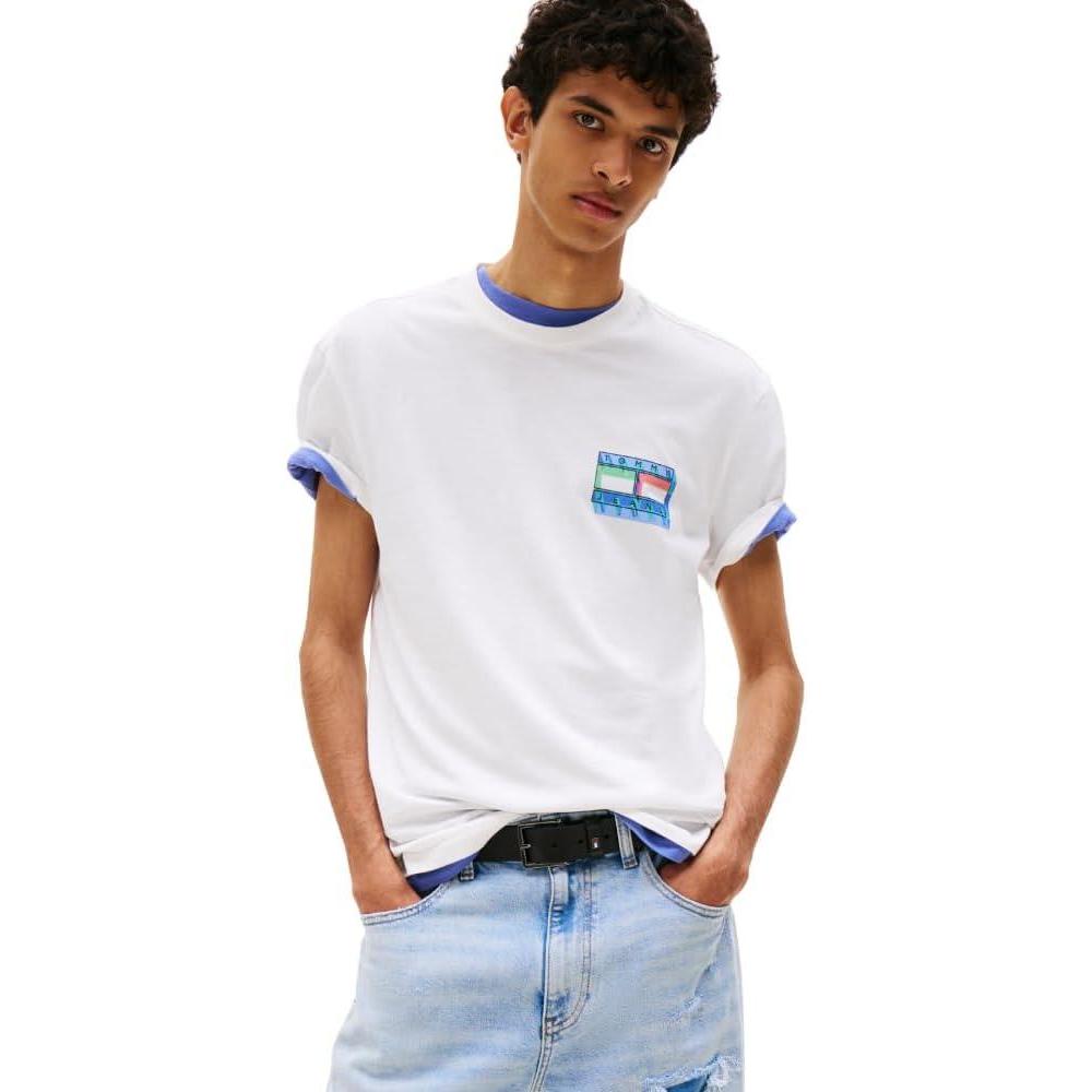 imageTommy Jeans Mens Short Sleeve Cotton TShirts with Blurred Printed Flag GraphicEcru