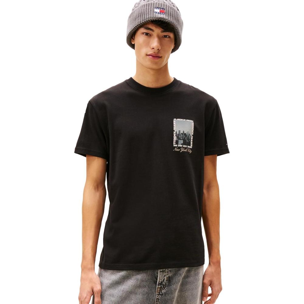 imageTommy Jeans Mens Short Sleeve Cotton TShirts with Printed Photo Back GraphicBlack