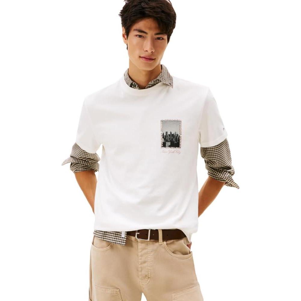 imageTommy Jeans Mens Short Sleeve Cotton TShirts with Printed Photo Back GraphicEcru