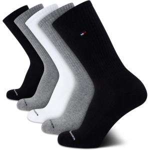 Tommy Hilfiger Mens Crew Socks – 5 Pack Cushioned Stretch Athletic Performance Crew Length Running Socks for Men(Black/White/Grey)