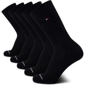Tommy Hilfiger Mens Crew Socks – 5 Pack Cushioned Stretch Athletic Performance Crew Length Running Socks for Men(Pure Black)
