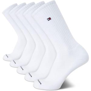 Tommy Hilfiger Mens Crew Socks – 5 Pack Cushioned Stretch Athletic Performance Crew Length Running Socks for Men(Pure White)