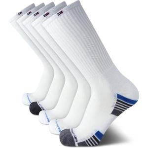 Tommy Hilfiger Mens Crew Socks – 5 Pack Cushioned Stretch Athletic Performance Crew Length Running Socks for Men(White Multi)