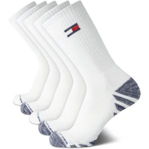 Tommy Hilfiger Mens Crew Socks – 5 Pack Cushioned Stretch Athletic Performance Crew Length Running Socks for Men(White/White)