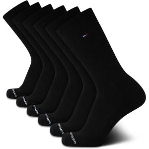 Tommy Hilfiger Mens Crew Socks – 6 Pack Cotton Blend Stretch Cushioned Breathable Athletic Socks for Men(Pure Black)