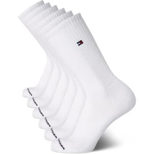 Tommy Hilfiger Mens Crew Socks – 6 Pack Cotton Blend Stretch Cushioned Breathable Athletic Socks for Men(White Flag)