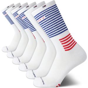 Tommy Hilfiger Mens Crew Socks – 6 Pack Cotton Blend Stretch Cushioned Breathable Athletic Socks for Men(White Stripe)