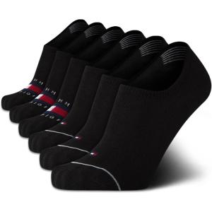 Tommy Hilfiger Mens No Show Socks – 6 Pack Cotton Blend Stretch Soft Cushioned Casual Athletic Sports Liners Low Cut Socks(Black Logo)