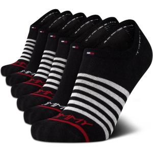 Tommy Hilfiger Mens No Show Socks – 6 Pack Cotton Blend Stretch Soft Cushioned Casual Athletic Sports Liners Low Cut Socks(Black Stripe)