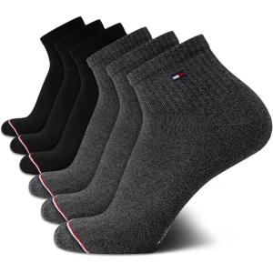 Tommy Hilfiger Mens Quarter Socks – 6 Pack Athletic Performance Stretch Moisture Wicking Cushioned Ankle Socks for Men(Black Dark Grey)