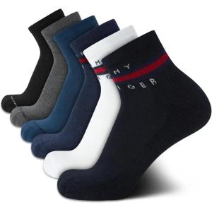 Tommy Hilfiger Mens Quarter Socks – 6 Pack Athletic Performance Stretch Moisture Wicking Cushioned Ankle Socks for Men(Navy Assorted)