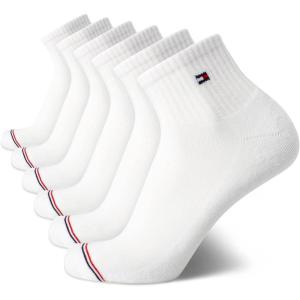 Tommy Hilfiger Mens Quarter Socks – 6 Pack Athletic Performance Stretch Moisture Wicking Cushioned Ankle Socks for Men(White Stripe)