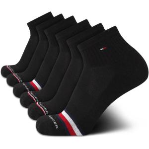 Tommy Hilfiger Mens Quarter Socks – 6 Pack Soft Cushioned Athletic Performance Ankle Socks for Men with Arch Support(Coal Black)