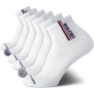 Tommy Hilfiger Mens Quarter Socks – 6 Pack Soft Cushioned Athletic Performance Ankle Socks for Men with Arch Support(White Assorted)