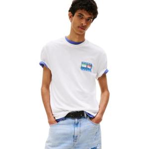 Tommy Jeans Men’s Short Sleeve Cotton T-Shirts with Blurred Printed Flag Graphic(Ecru)