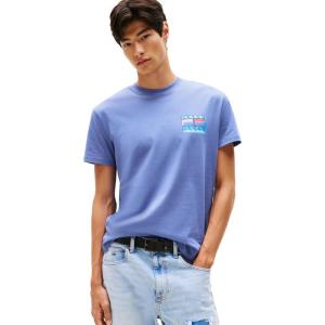 Tommy Jeans Men’s Short Sleeve Cotton T-Shirts with Blurred Printed Flag Graphic(Soft Sapphire)