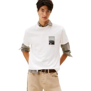 Tommy Jeans Men’s Short Sleeve Cotton T-Shirts with Printed Photo Back Graphic(Ecru)