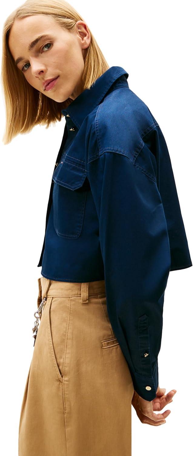 imageTommy Jeans Womens Long Sleeve Cotton Cropped Utility Shirt with Embroidered Flag LogoDark Night Navy