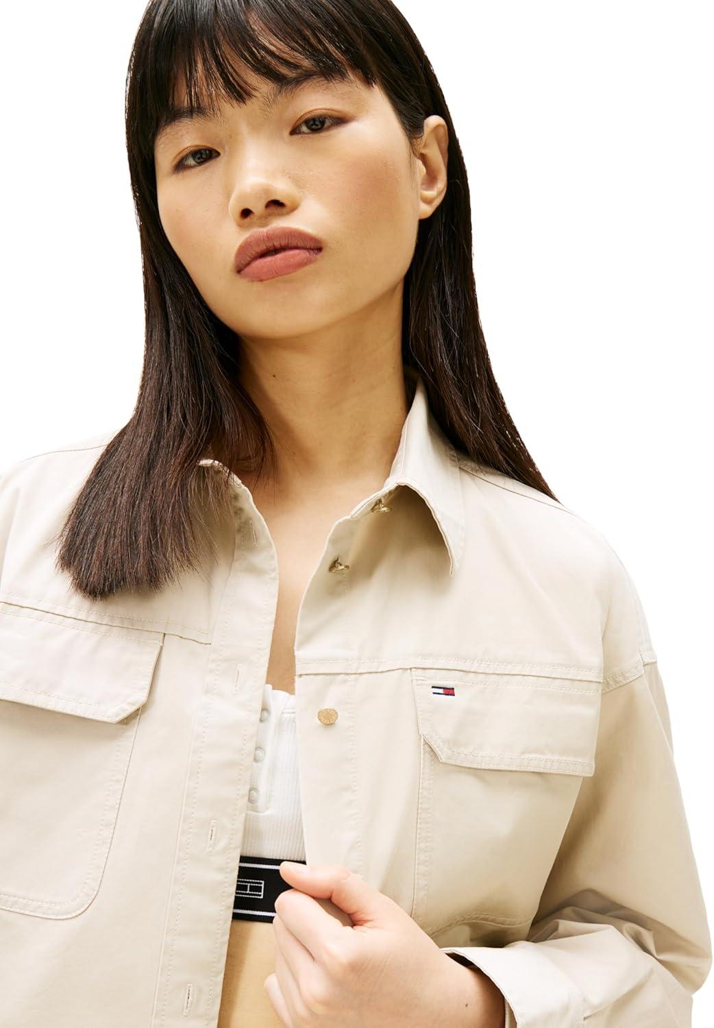 imageTommy Jeans Womens Long Sleeve Cotton Cropped Utility Shirt with Embroidered Flag LogoGulf Sand
