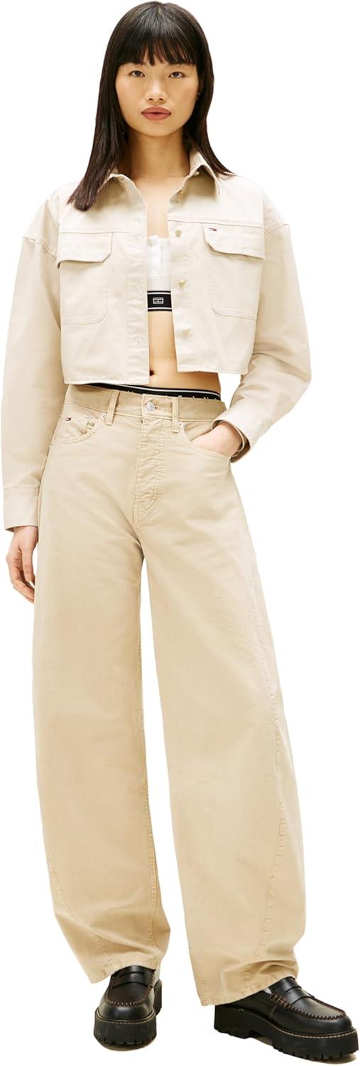 imageTommy Jeans Womens Long Sleeve Cotton Cropped Utility Shirt with Embroidered Flag LogoGulf Sand