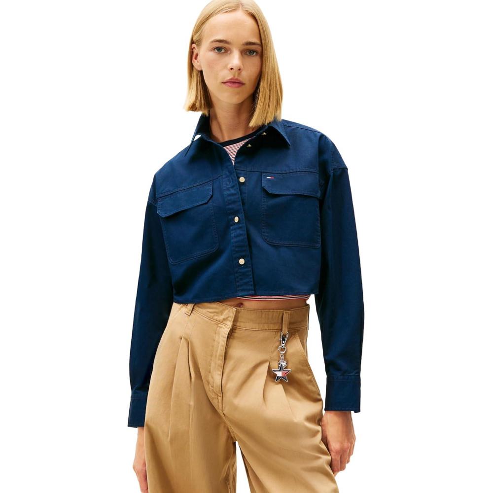 imageTommy Jeans Womens Long Sleeve Cotton Cropped Utility Shirt with Embroidered Flag LogoDark Night Navy