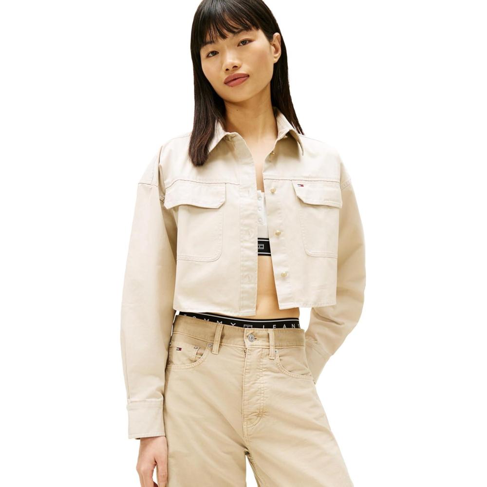 imageTommy Jeans Womens Long Sleeve Cotton Cropped Utility Shirt with Embroidered Flag LogoGulf Sand