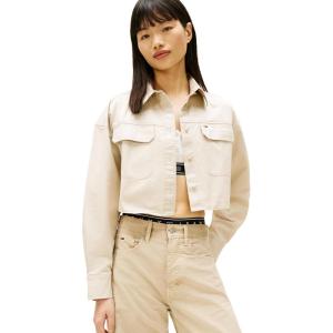 Tommy Jeans Women’s Long Sleeve Cotton Cropped Utility Shirt with Embroidered Flag Logo(Gulf Sand)