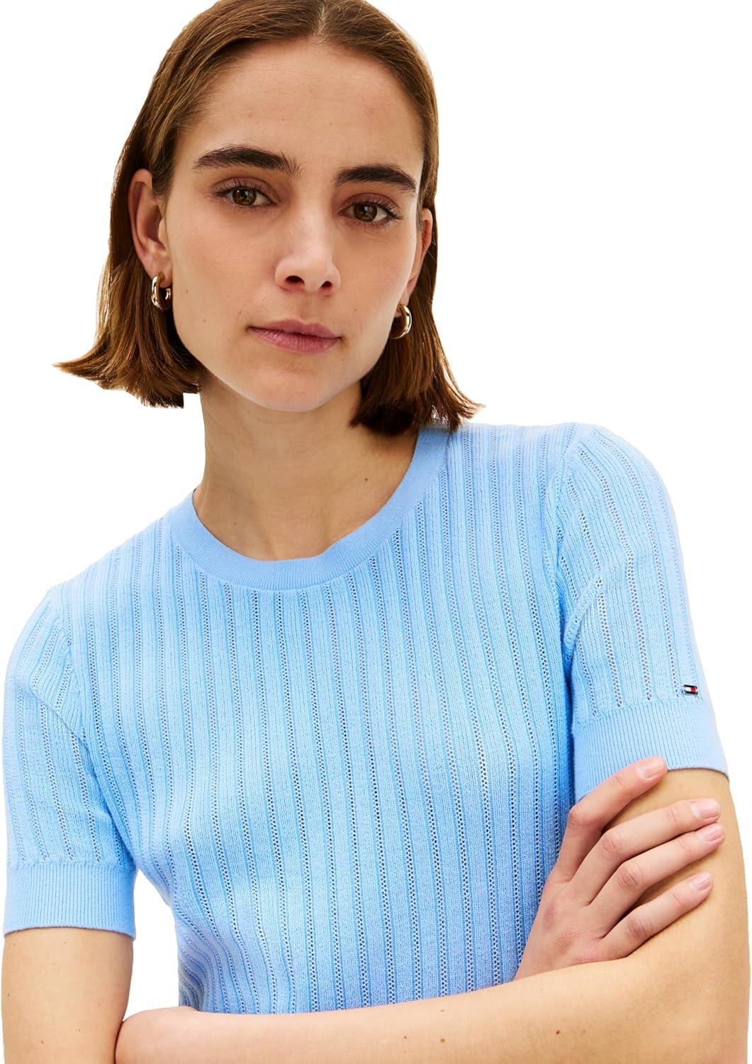 imageTommy Hilfiger Womens Pointelle Short Sleeve Cotton Crew Neck SweaterVessel Blue